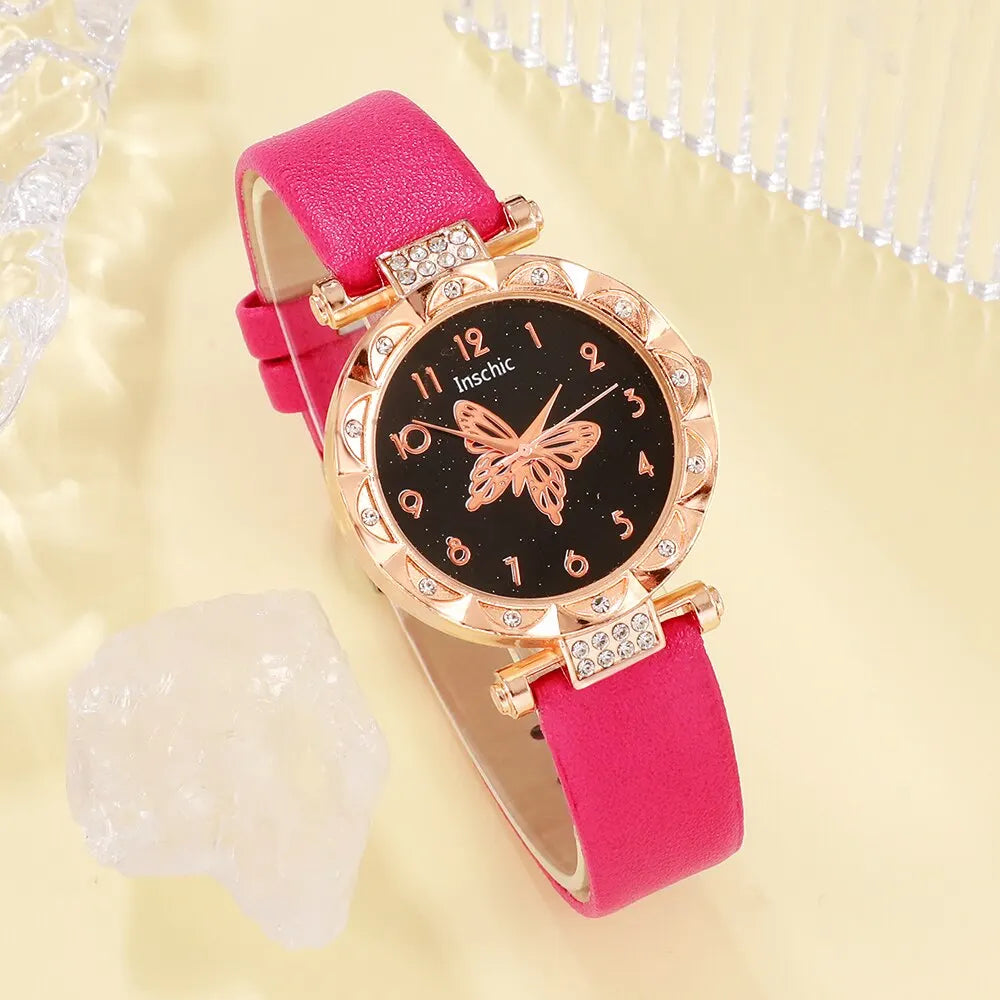 Rose Red Butterfly Fashion Watch Set