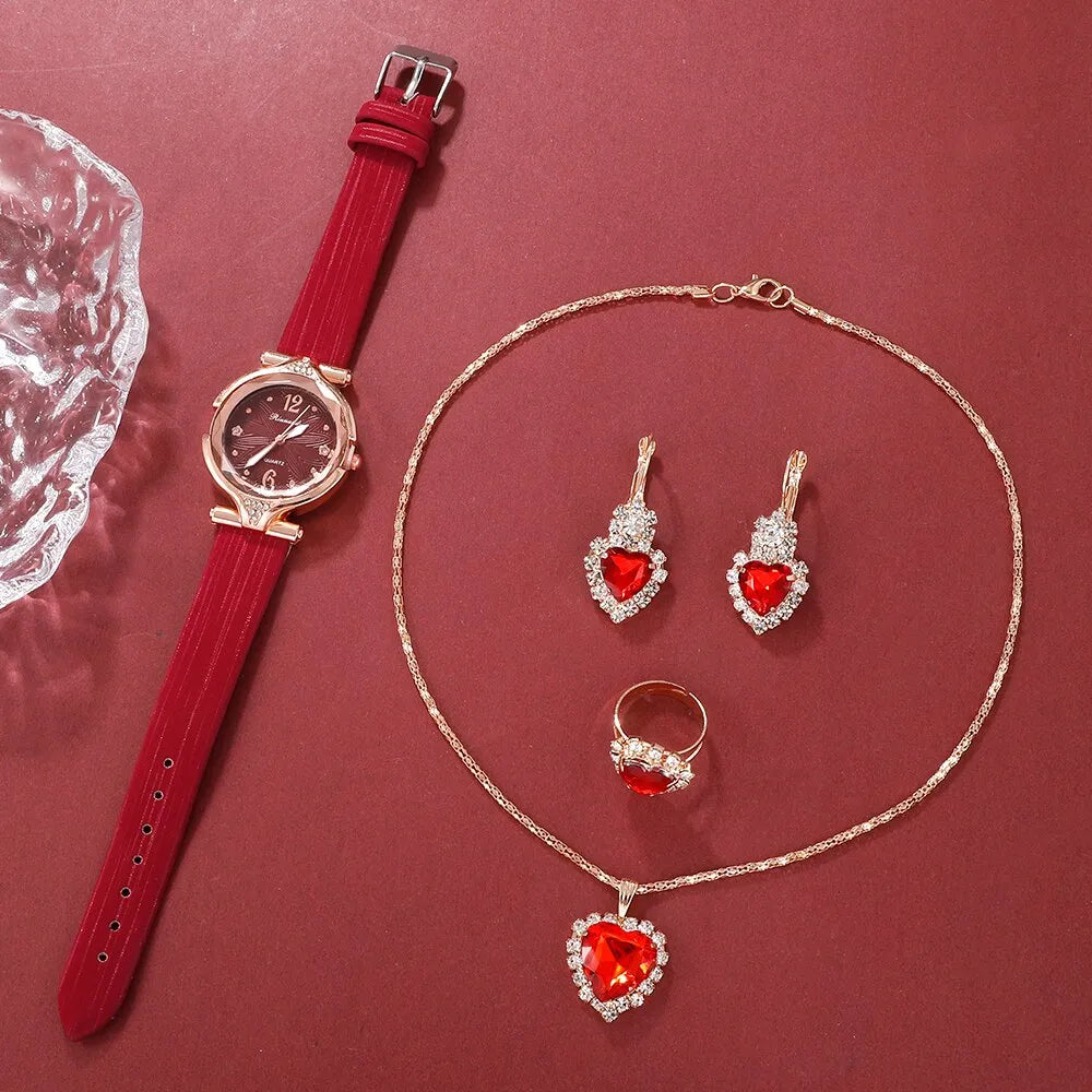 Ruby Elegance: 5PCS Women's Watches Set