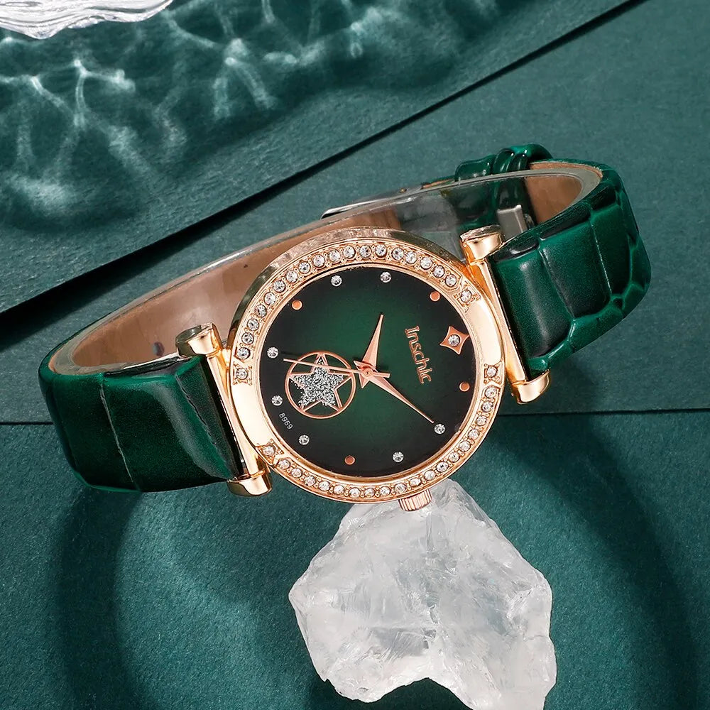 Green Luxury Quartz Watch Set: Elegance in 6 Pieces