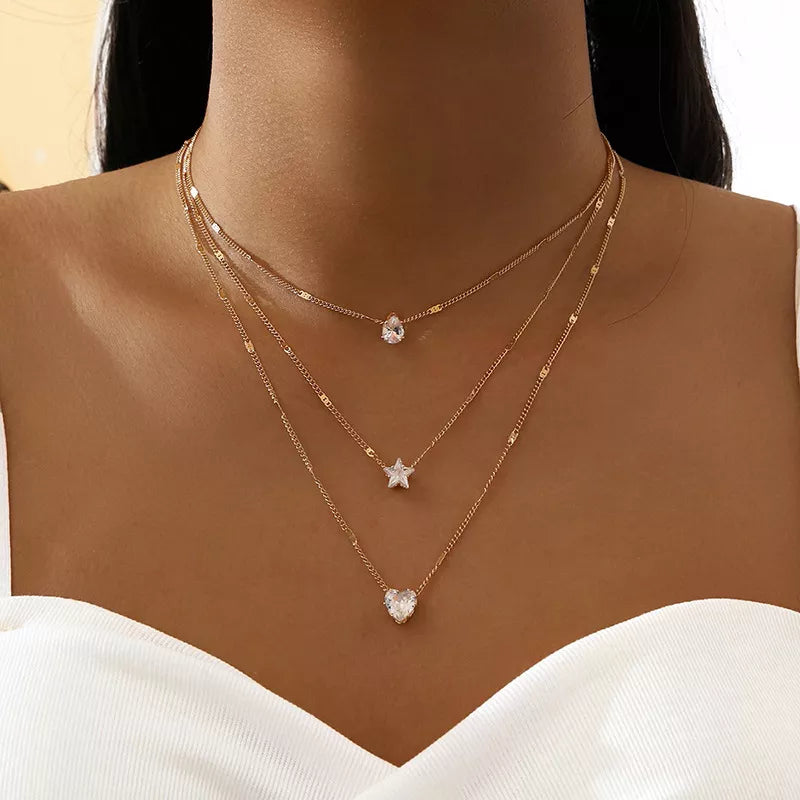 Heart Star Charm Necklace Set: Crystal Zircon Elegance