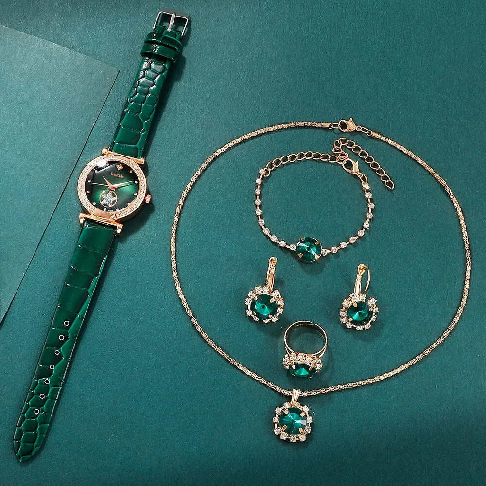 Green Luxury Quartz Watch Set: Elegance in 6 Pieces