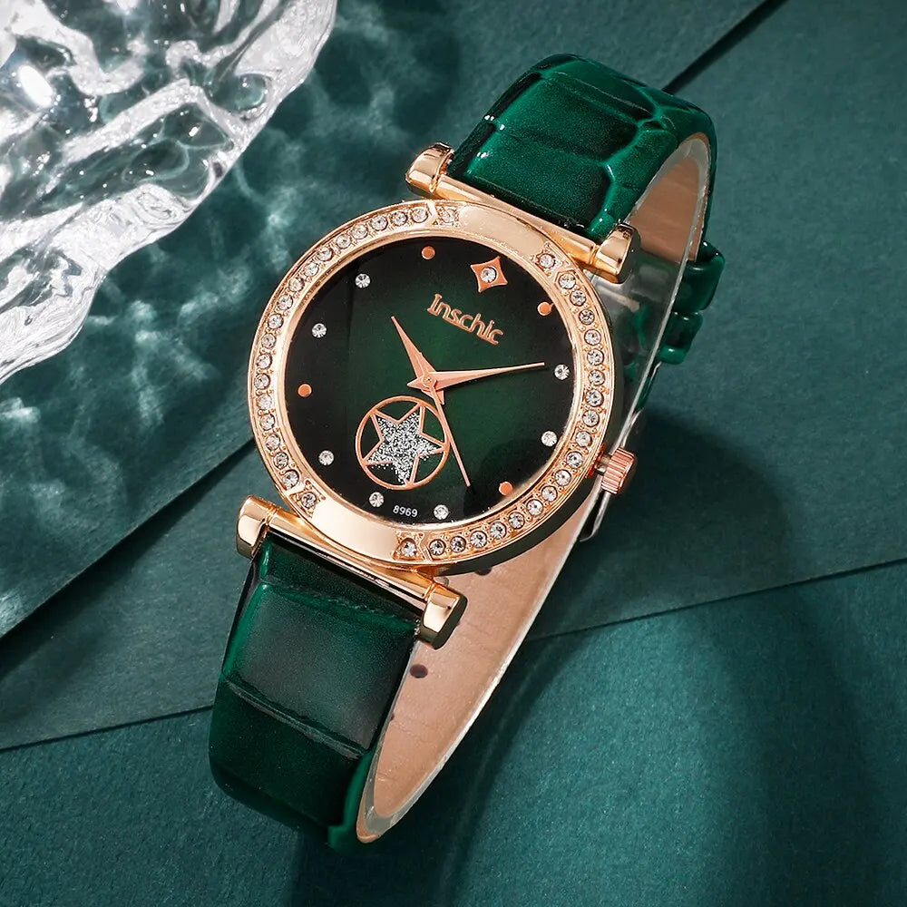 Green Luxury Quartz Watch Set: Elegance in 6 Pieces