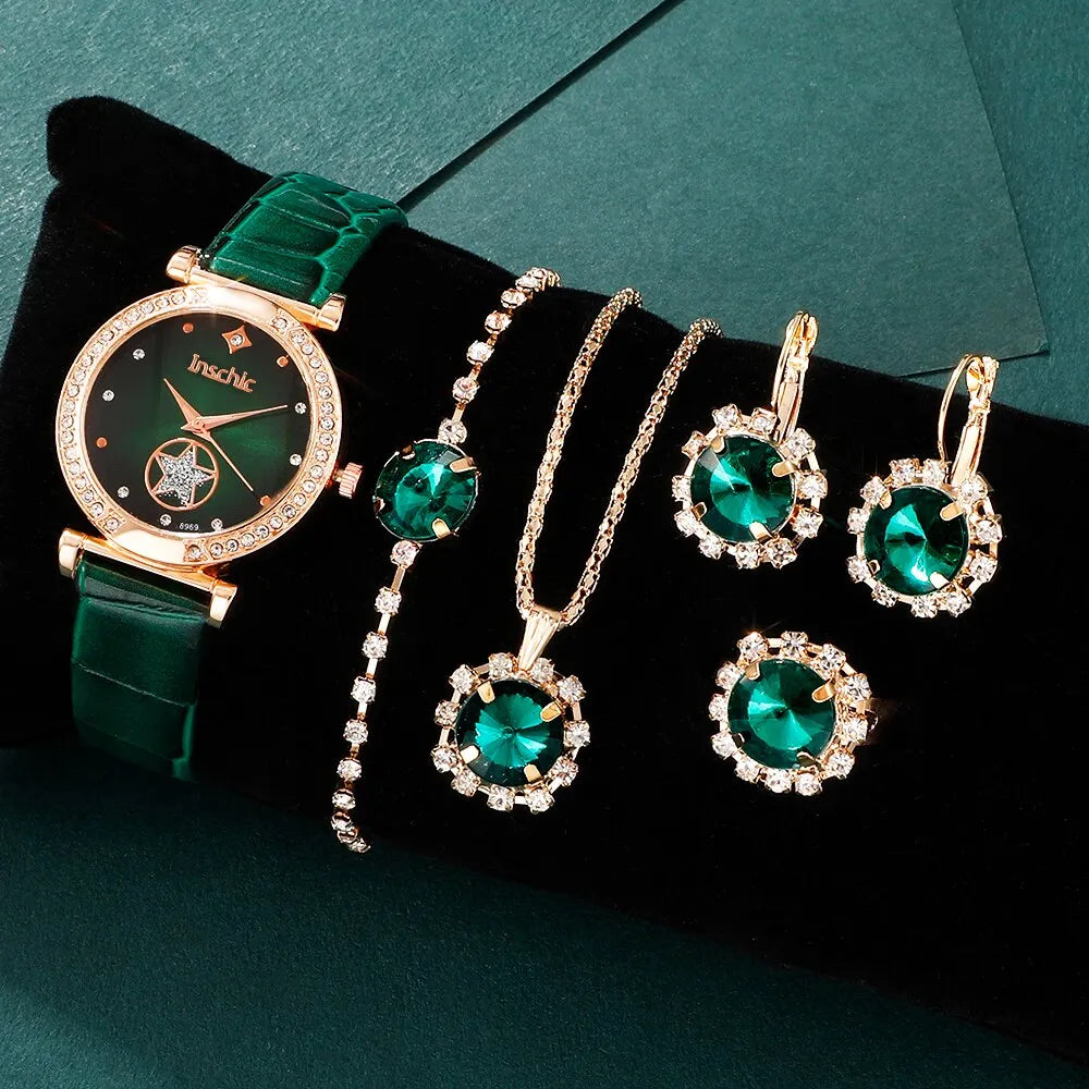 Green Luxury Quartz Watch Set: Elegance in 6 Pieces