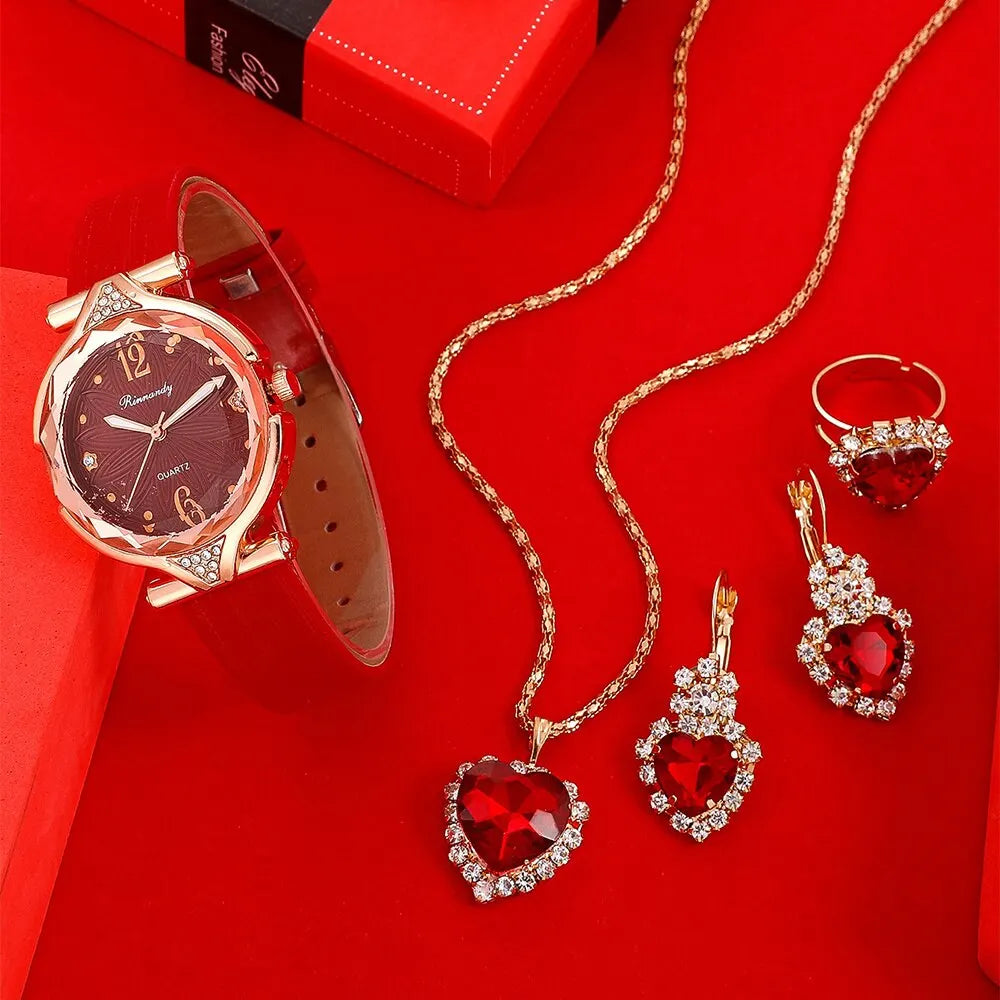 Ruby Elegance: 5PCS Women's Watches Set