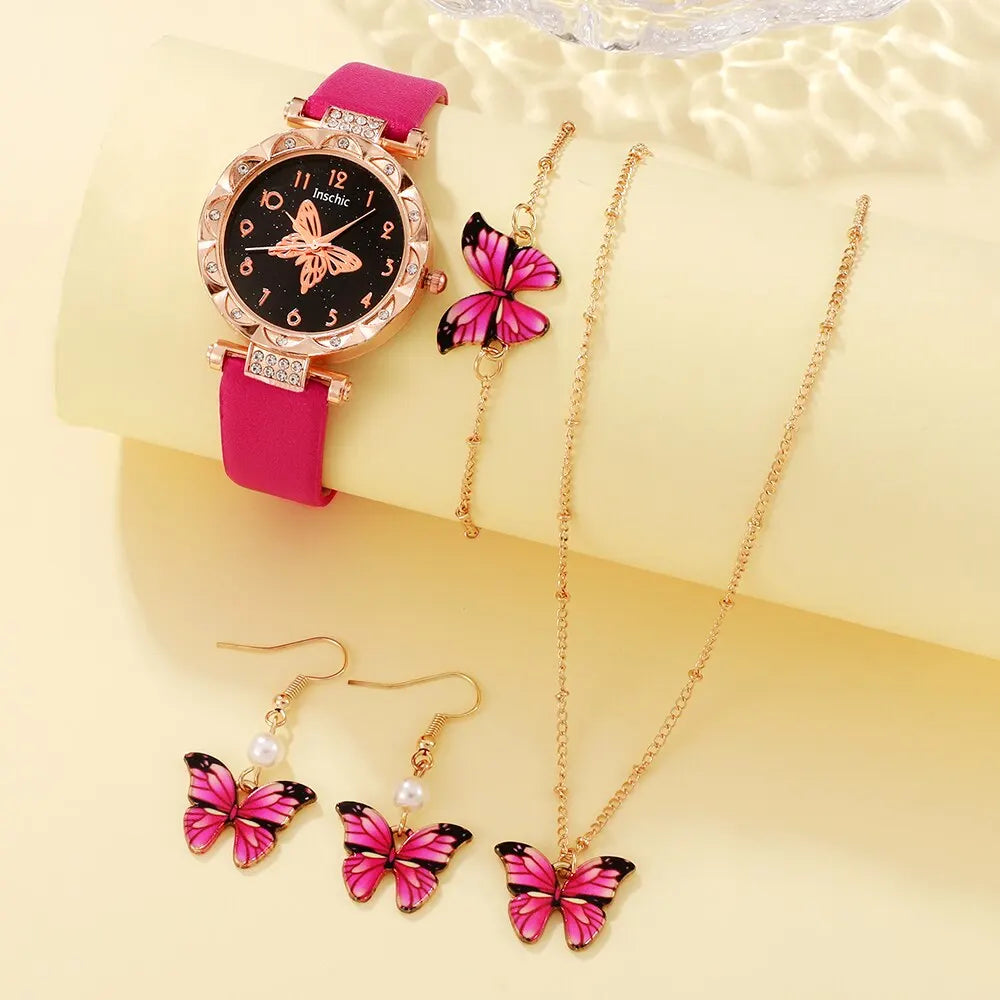 Rose Red Butterfly Fashion Watch Set