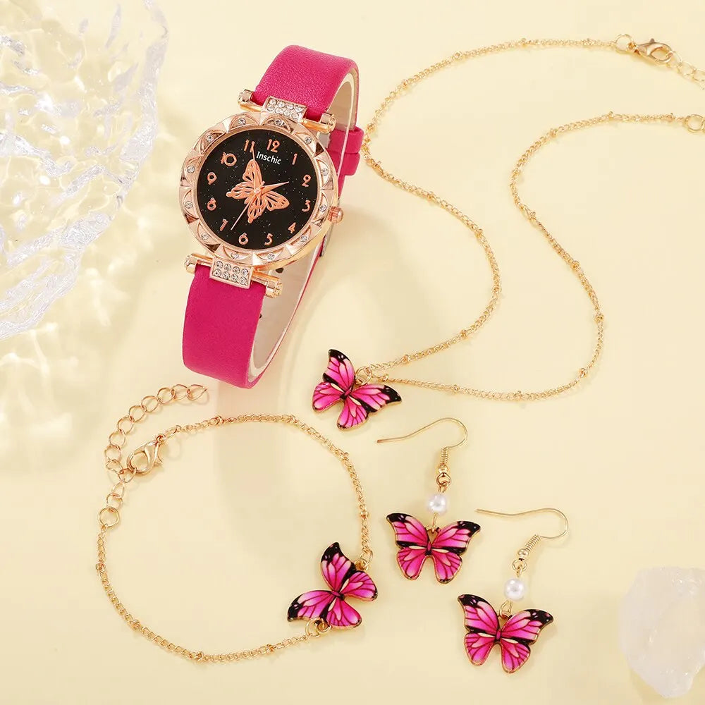 Rose Red Butterfly Fashion Watch Set