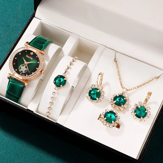 Green Luxury Quartz Watch Set: Elegance in 6 Pieces