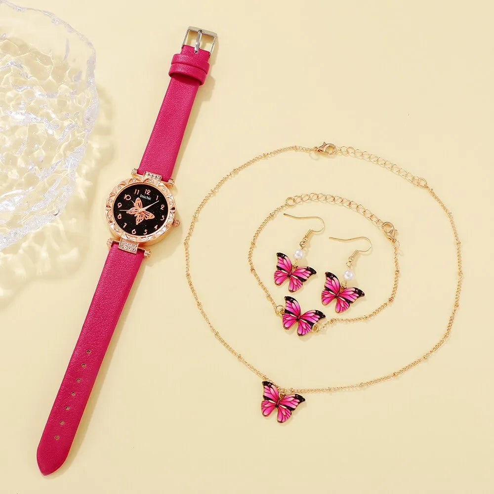 Rose Red Butterfly Fashion Watch Set