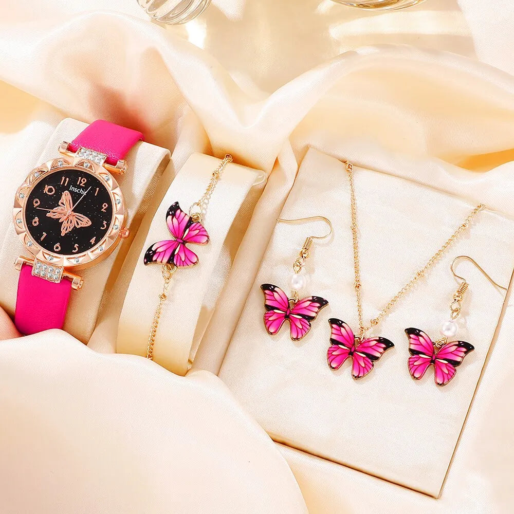 Rose Red Butterfly Fashion Watch Set